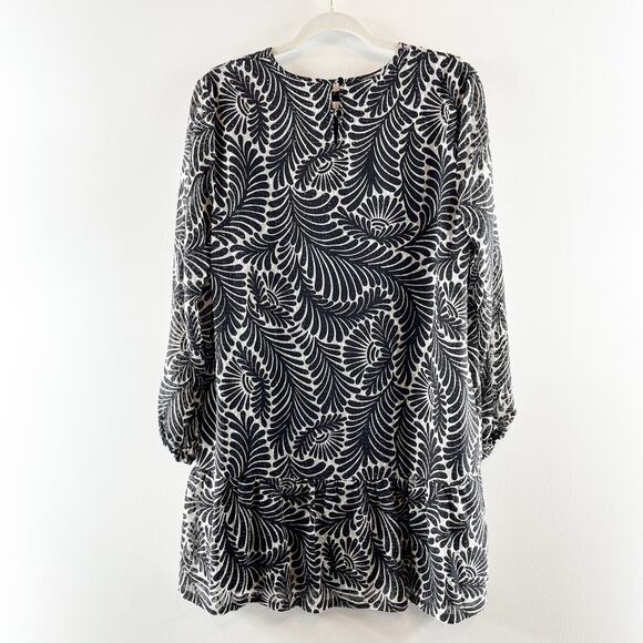 LOFT Fern Printed Flounce Long Sleeve Mini Swing Dress Black Medium Petites - Picture 4 of 7